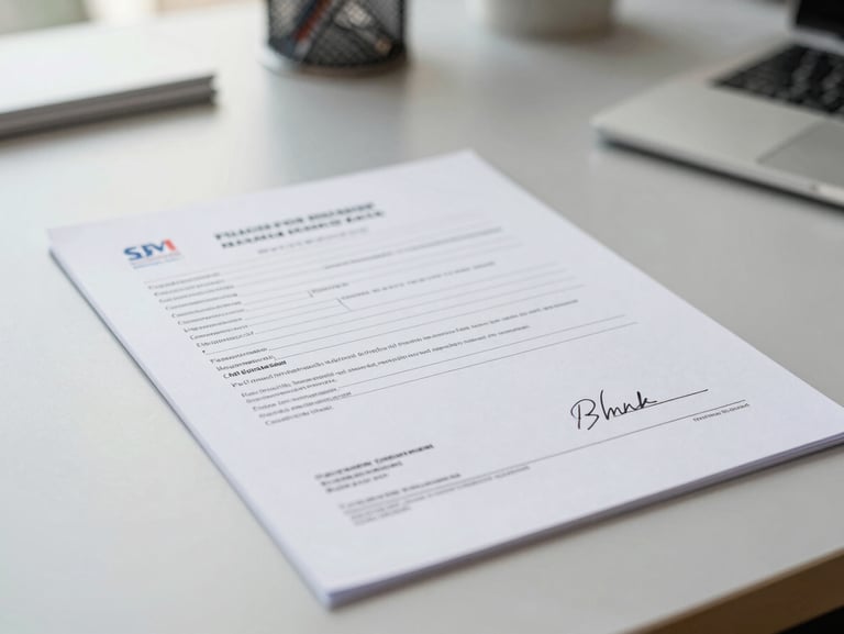 Close-up of signed Philippine corporate registration documents on a clean slate-gray office desk, soft natural light, professional setting