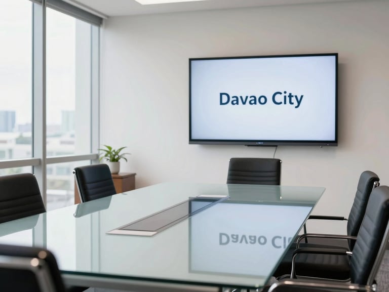 Bright, professional meeting room in Davao City, clean glass table, modern presentation screen on the wall, comfortable chairs, natural light