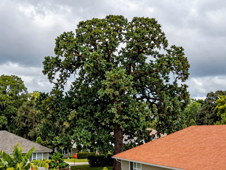 A massive leaning oak tree towering dangerously close to a residential roof in Wilson, overcast storm sky, wide angle showing scale.