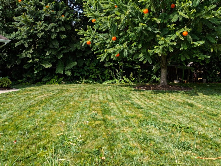 A completely clear residential lawn and undamaged roof line, clean soil where the tree stood, bright daylight.