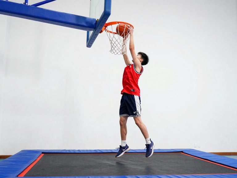 A teenager dunking a basketball on a hoop positioned over a trampoline, dynamic low-angle action shot, crisp details