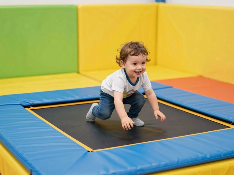 A toddler smiling and playing safely in a soft, brightly colored foam play area with gentle mini-trampolines, bright safe environment