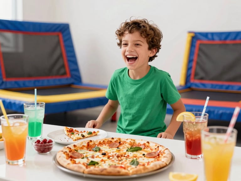Vibrant action shot of a birthday boy laughing at a decorated party table with pizza and drinks, trampolines blurred in the background, bright high-key lighting