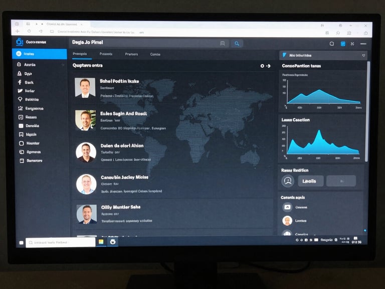 Captura de pantalla de alta fidelidad de una interfaz de red profesional con perfiles de usuarios y gráficos de interacción global, tonos azules y grises.