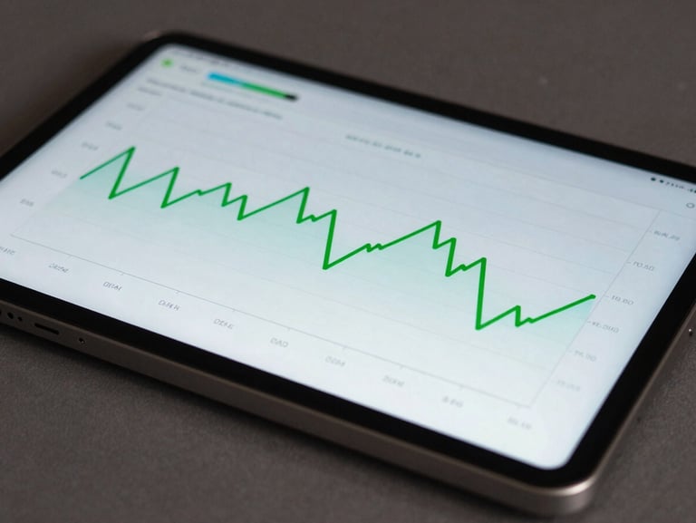 Macro studio shot of a physical Android tablet displaying a real-time performance profiling graph with sharp green lines, subtle cyan rim lighting reflecting on the glass screen.