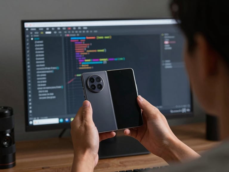 Over-the-shoulder view of a developer testing a foldable Android device, clean Kotlin code visible on an ultra-wide monitor in the background, low-key lighting.