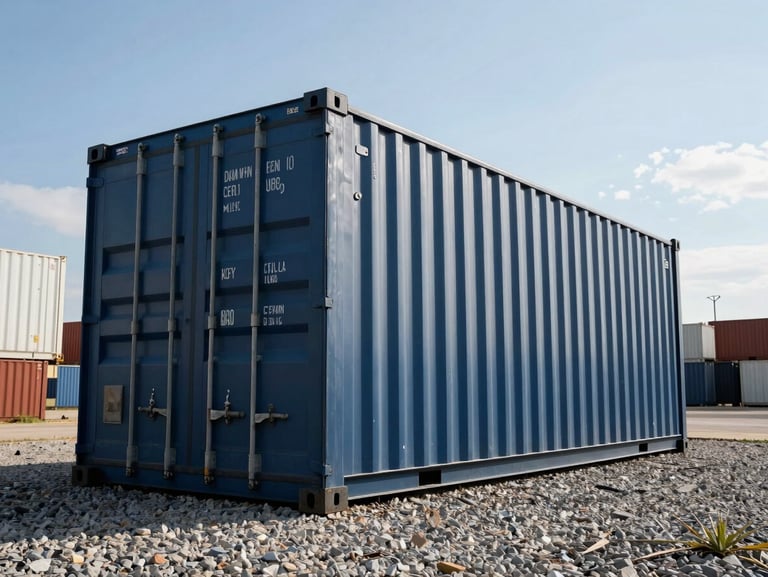Low-angle heroic shot of a new 20ft standard shipping container in dark blue steel, sitting on gravel in a sunny Baltimore yard.