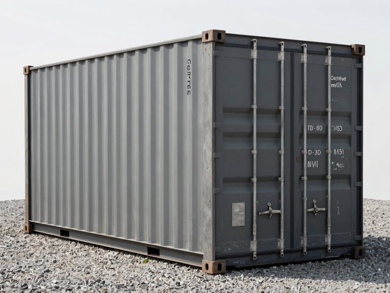A certified used 20ft cargo-worthy shipping container, weathered slate grey steel, showing minor cosmetic dings but structurally perfect, on gravel.