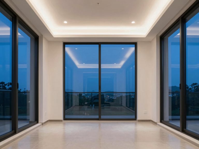 Stunning balanced real estate interior, crisp flambient lighting, perfectly corrected vertical lines, clear blue sky visible through windows