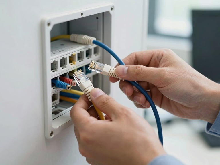Close-up of a technician's hands routing ethernet cable through a wall plate in a clean office environment, natural window light, tidy cable management visible, crisp focus on the connector work