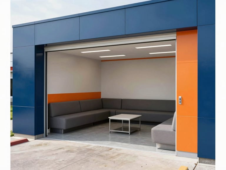 A clean modern car wash bay and lounge with comfortable seating and bright lighting.