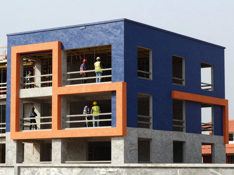 Active construction site in Limbe with workers in safety gear framing a modern building.