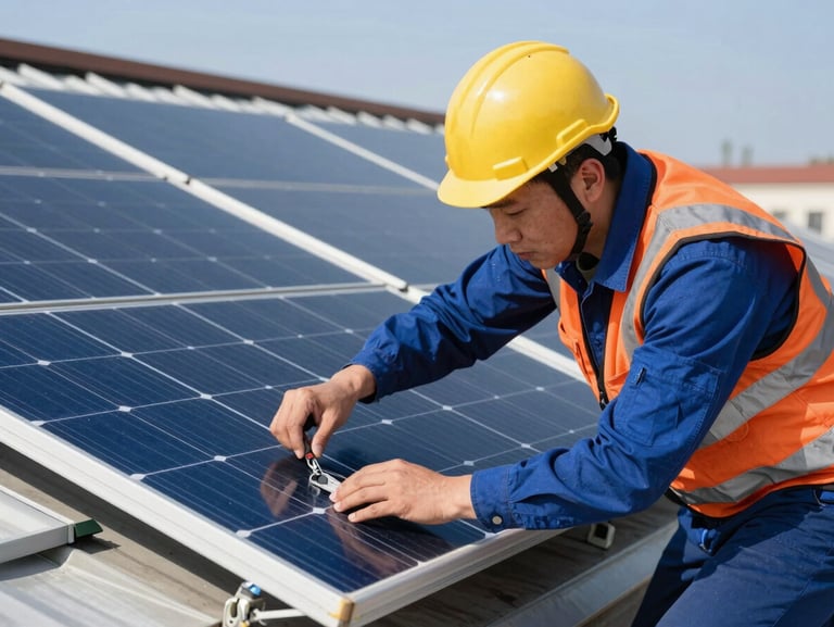 Close-up of a certified electrical engineer installing a solar panel array on a roof in bright daylight.