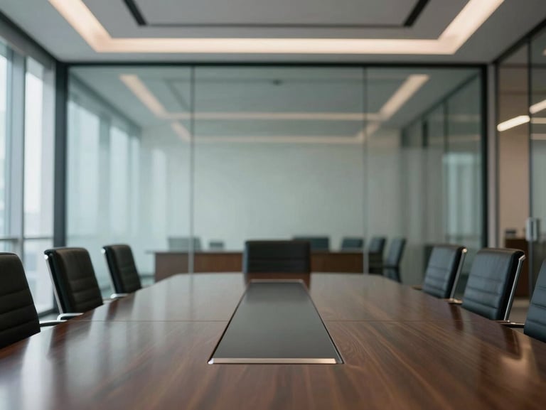 Symmetrical view of a modern corporate office boardroom, immaculate glass partition, gleaming conference table reflecting soft architectural lighting.