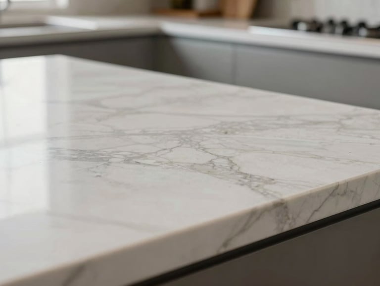 Macro close-up of a pristine marble countertop with soft natural light reflection, clean microtextures, luxury kitchen environment.