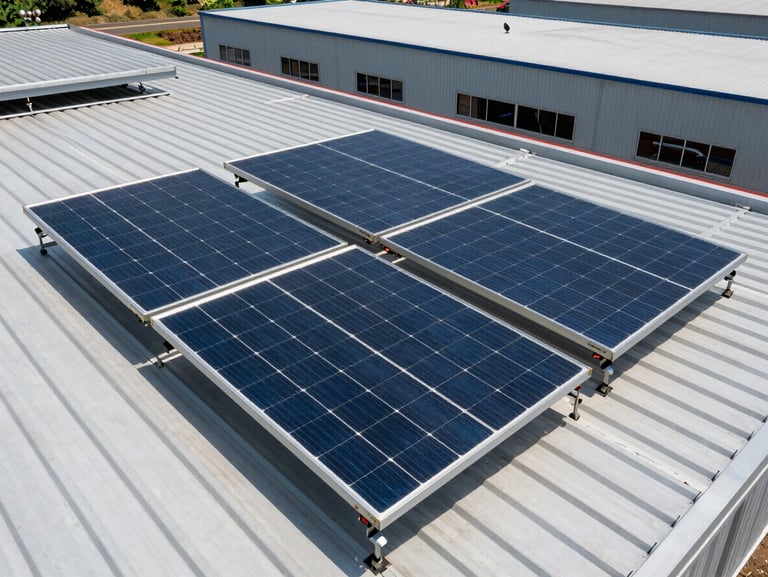 Industrial solar array mounted on a clean modern warehouse roof under bright Karnataka daylight, sharp angles, technical precision, high contrast.