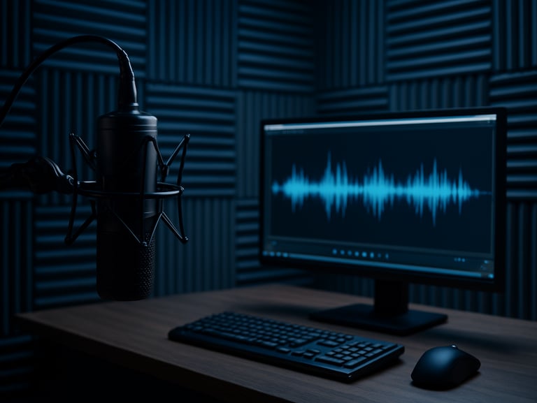 A highly organized creator studio setup with a high-end microphone, acoustic paneling, and an editing monitor showing video waveforms, cool blue lighting.
