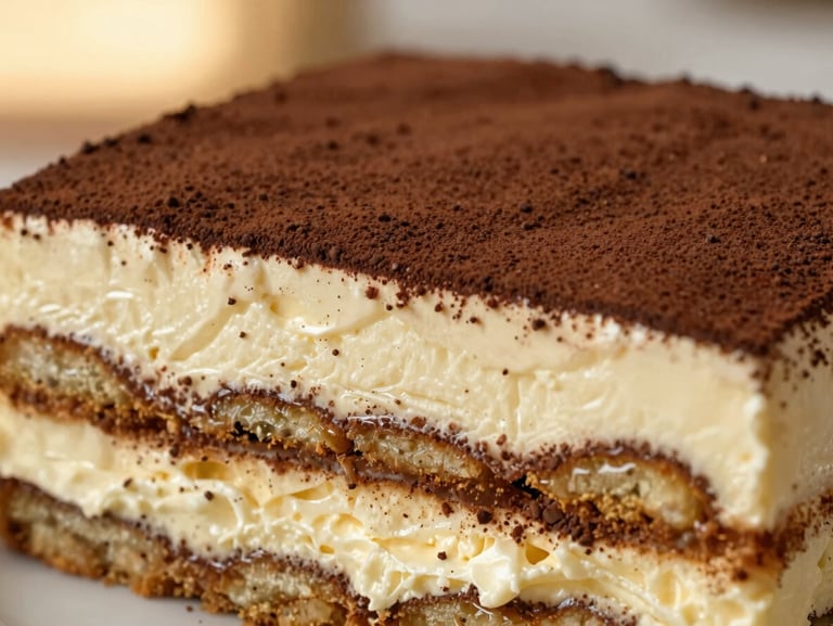 A close-up slice of classic tiramisu showing distinct layers of creamy mascarpone and espresso-soaked ladyfingers, dusted with dark cocoa powder, 35mm