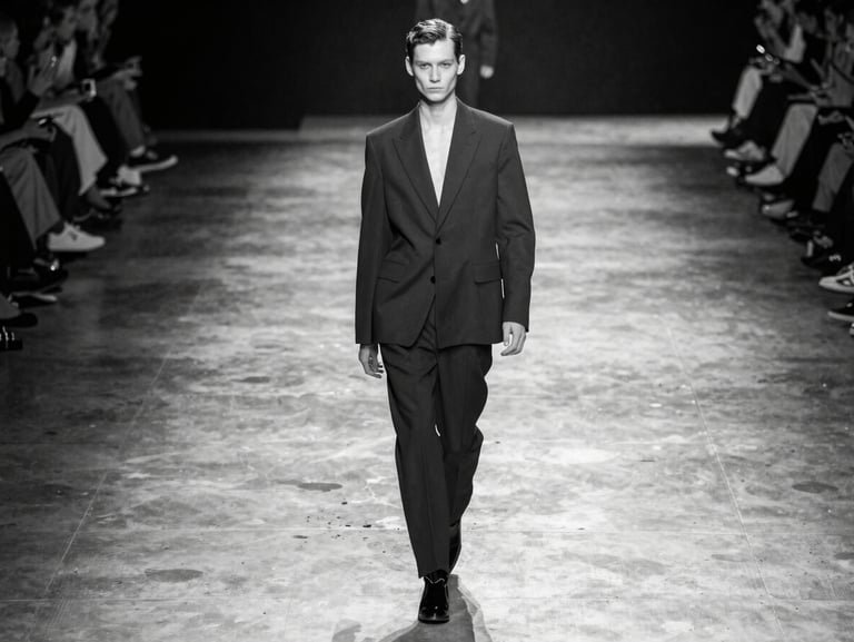 Stark black-and-white wide shot of a model walking a minimalist concrete runway, harsh direct overhead lighting, sharp dramatic shadows, raw high-fashion atmosphere.