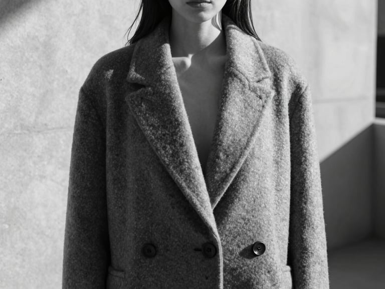 Stark black-and-white editorial crop of a model posing in a highly structured, architectural wool coat, high-contrast shadows, direct sunlight, minimalist concrete setting.