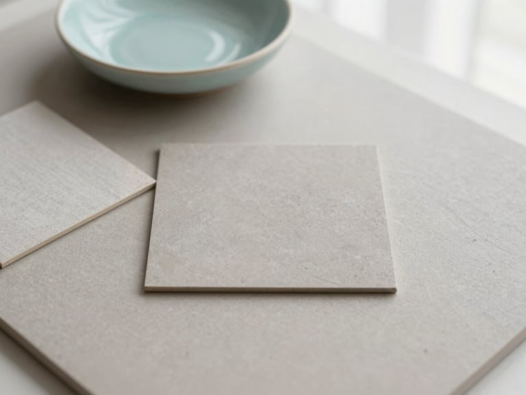 Minimalist overhead flat lay of sleek color swatches in warm stone gray and pale linen, a ceramic dish, soft natural window light, shallow depth of field