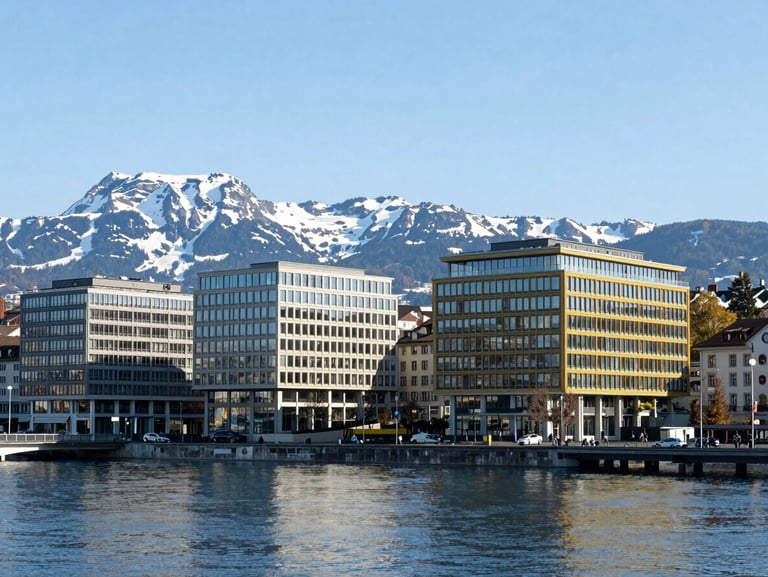 The pristine alpine city of Zurich with modern architectural offices overlooking the lake, crisp daylight, sharp focus, 35mm lens
