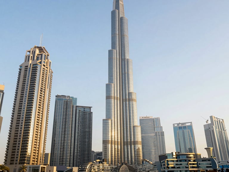 The soaring skyline of Dubai's international financial center, gleaming glass towers under bright golden hour light, architectural focus