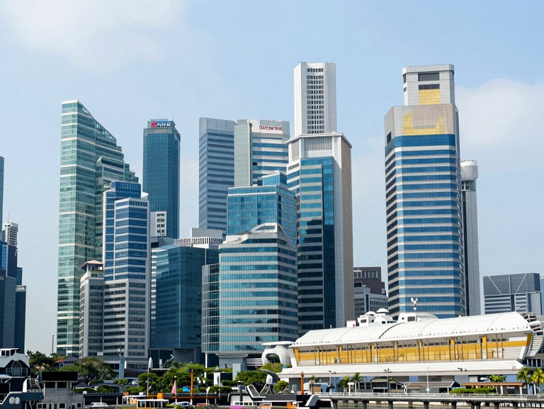 Futuristic architectural landmarks of Singapore's Marina Bay financial district, bright daylight, clean corporate blue accents, sharp focus