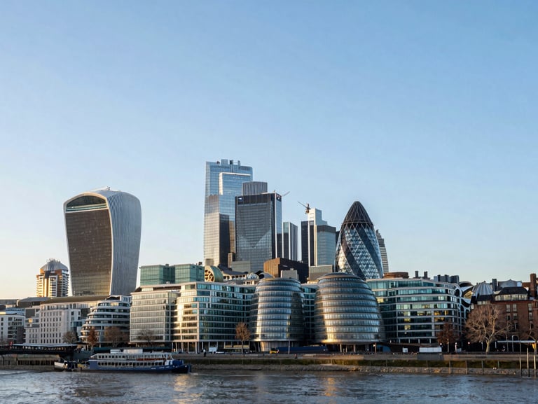 A majestic view of the London skyline and the River Thames at sunrise, clean corporate blue tones, sharp architectural focus, 35mm lens