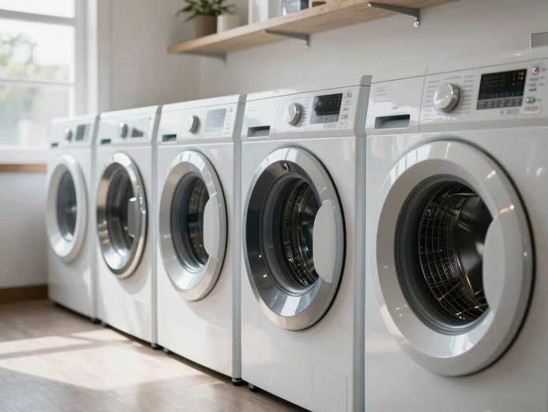 Clean refurbished washing machines and dryers lined up on the bright showroom floor, natural light.