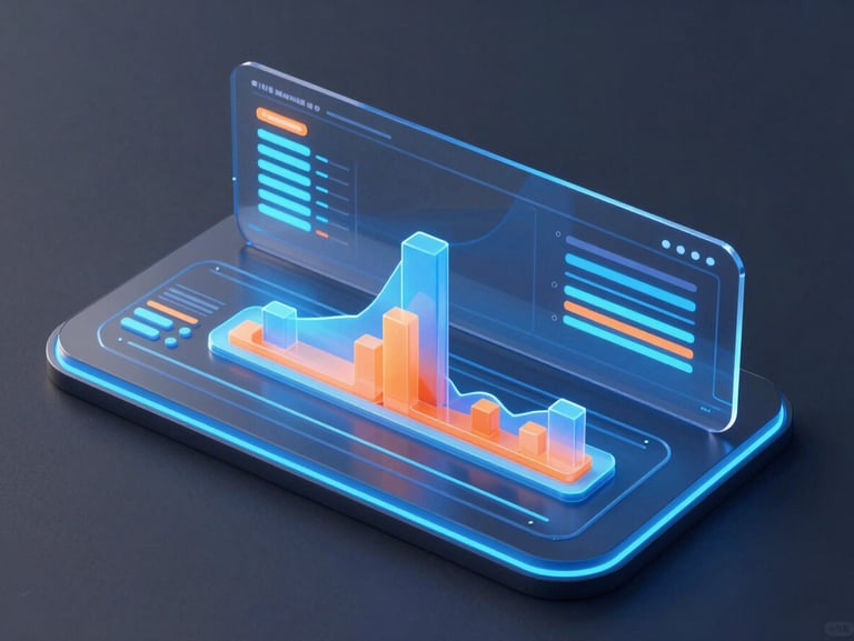 Futuristic 3D render of a digital marketing dashboard, glowing neon blue and orange data bars, glassmorphic charts on a dark slate background, octane render