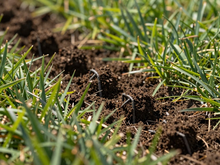 Aeration tines penetrating dense turf soil in bright natural daylight, soil cores visible on the grass surface, close-up action shot, healthy surrounding blades in sharp detail