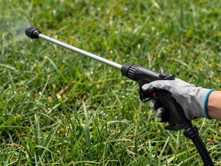 Close-up of a lawn technician's gloved hand directing a backpack sprayer nozzle over dense turf, bright midday light, droplets visible mid-air, healthy green grass blades in sharp focus