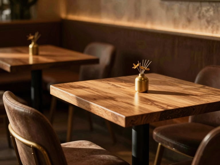 Warm environmental shot of the cozy cafe interior, soft side lighting highlighting wooden tables and gold accents, inviting atmosphere