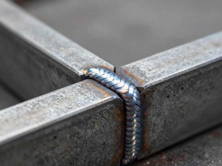 Close-up of welded steel joint where two flat steel bars meet at right angle, showing the finished weld bead in sharp detail, soft north-facing studio light revealing the surface texture and the precision of the joinery, shallow depth of field, neutral gray background, emphasis on the craft of the connection