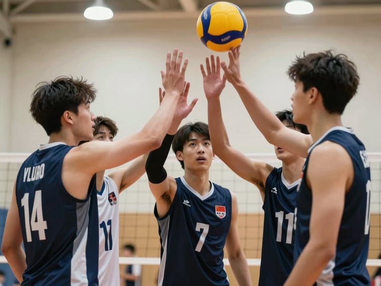 A group of young volleyball players in a huddle, high-fiving each other under bright gym lighting