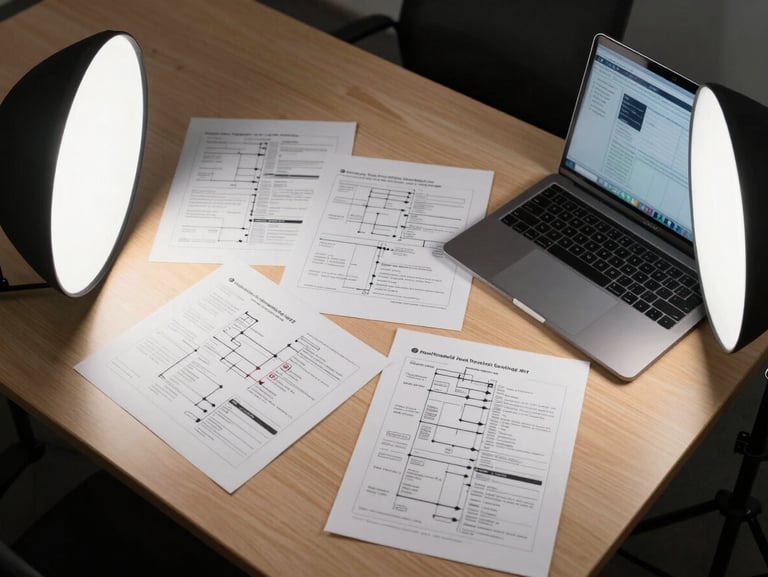 Overhead documentary framing of a conference table with technical documentation, printed supply chain schematics, and a laptop displaying a dashboard interface, studio strobe side-lighting, no people