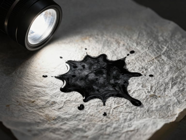 Macro shot of wet black ink pooling on heavily textured weathered cotton paper, single harsh side-lamp casting deep shadows, high-contrast grain.