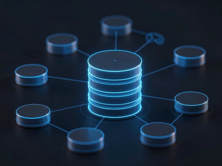 Orthographic technical diagram of a complex database schema rendered in glowing blue lines on a dark background, minimal styling.