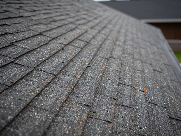 Close-up of freshly laid architectural shingles on a sturdy roof ridge, showing precise alignment.