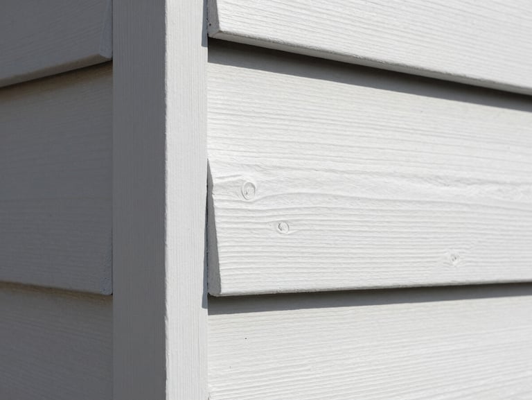 Close-up of clean, sharp paint lines on white cedar siding trim under bright daylight.