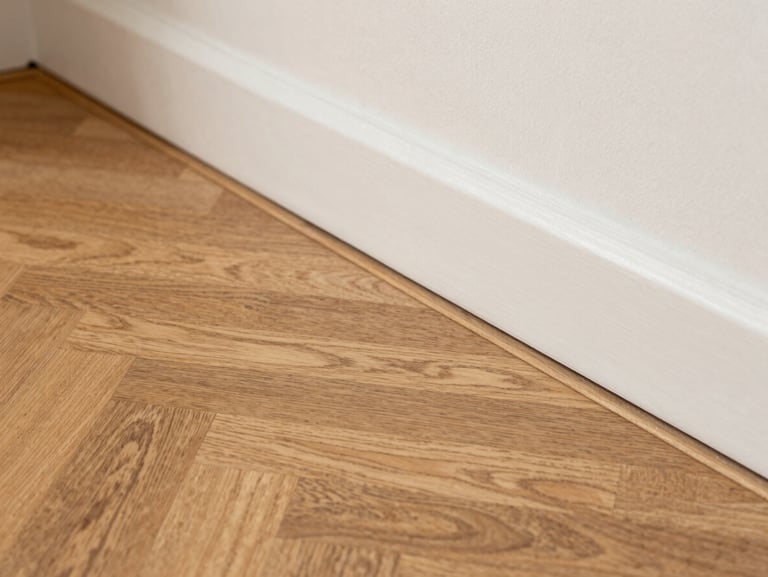 Close-up detail of freshly laid oak parquet flooring meeting a newly painted baseboard, natural side light revealing wood grain texture, no people, tight framing