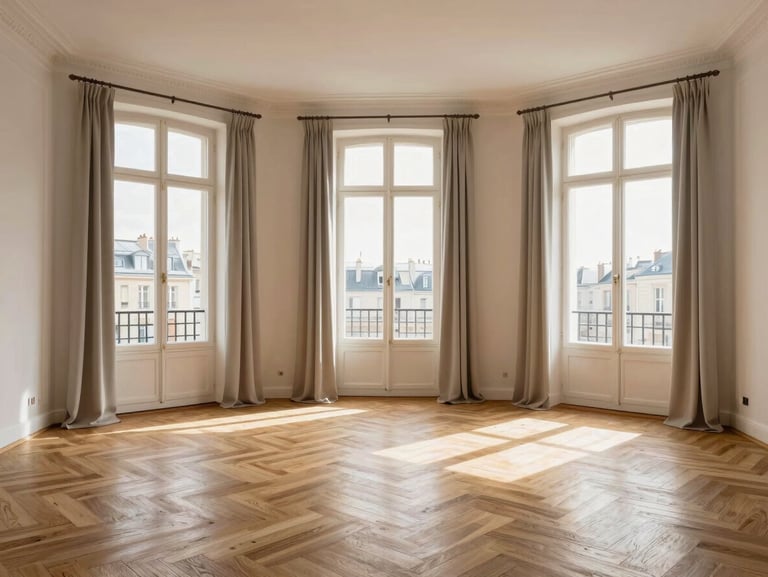 Same three-room Paris apartment after complete renovation, bright open layout, new herringbone parquet, curtains removed exposing full windows, curated neutral furniture, natural south light, wide environmental shot, no people