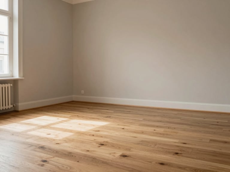 Same small Parisian studio after full home staging intervention, new light oak vinyl flooring, fresh warm greige paint, compact furniture arranged for maximum space, natural north light, wide environmental shot, no people