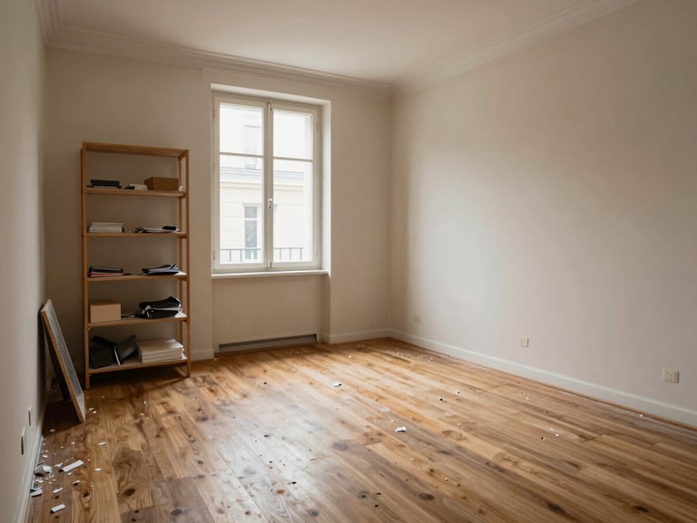 Small Parisian studio apartment before renovation, worn laminate flooring, faded beige walls, single window with insufficient light, cluttered shelving unit, documentary style, natural daylight, wide environmental shot