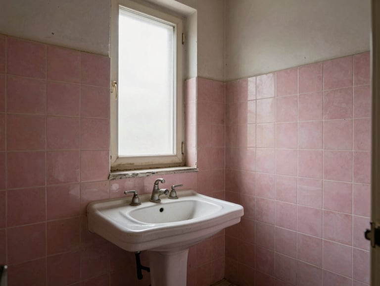 Outdated villa bathroom before renovation, old pink tiles, worn grout, single vanity with dated fixtures, dim natural light from frosted window, documentary wide shot, no people