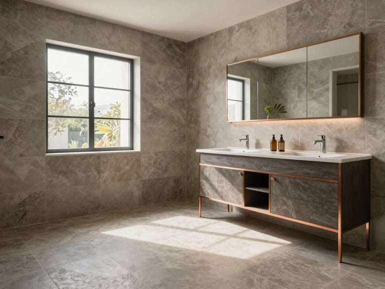 Same villa bathroom fully renovated, large format stone-effect tiles in warm greige, new double vanity with copper hardware detail, natural light through clear window, wide environmental shot, no people
