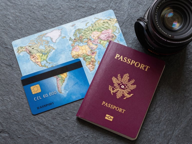 A clean, top-down flat lay of a passport, a global multi-currency card, and travel documents on a crisp slate surface