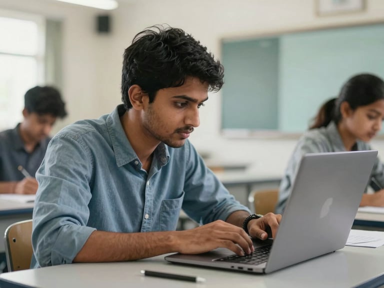 A focused Indian student analyzing data on a laptop screen in a bright, modern classroom environment