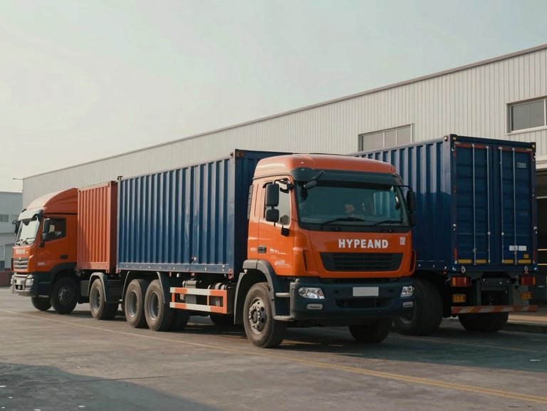 Cinematic industrial photography of modern cargo trucks parked at a clean logistics warehouse in Hyderabad, morning daylight, deep navy and safety orange tones, 35mm